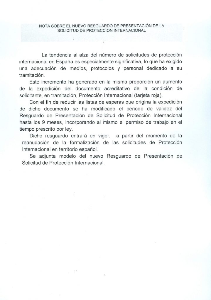 Asilo: Nuevo resguardo solicitud Protección Internacional